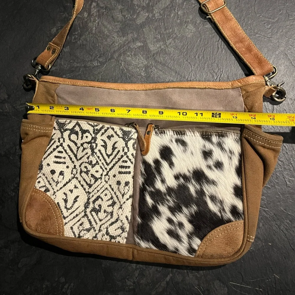 Myra Bag Patchwork Canvas Shoulder Bag with Black and White Pattern